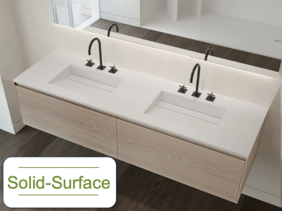 Plan vasque Design, fabrication sur mesure, Largeur 120 à 200 cm x Profondeur 40 à 60 cm, résine minérale ACRYSTONE® SOLID-SURFACE Finition lisse blanc mate, Livraison Offerte et Rapide.